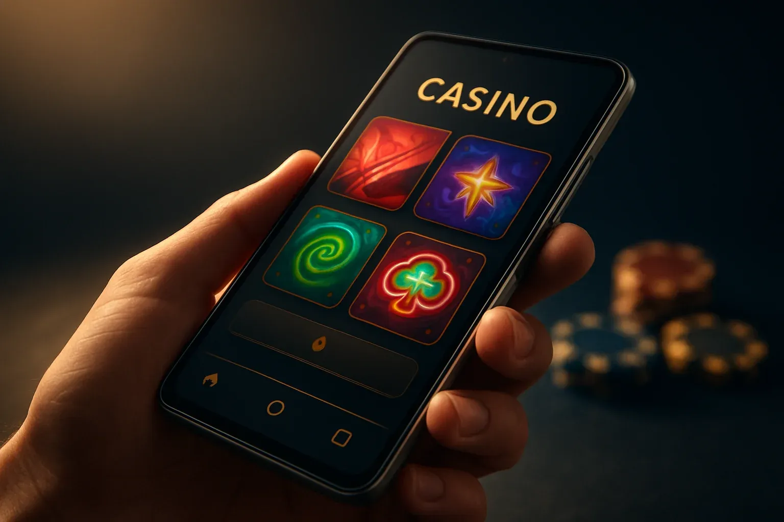 Hyperrealistic flagship Android smartphone showing vivid casino app interface, studio lighting