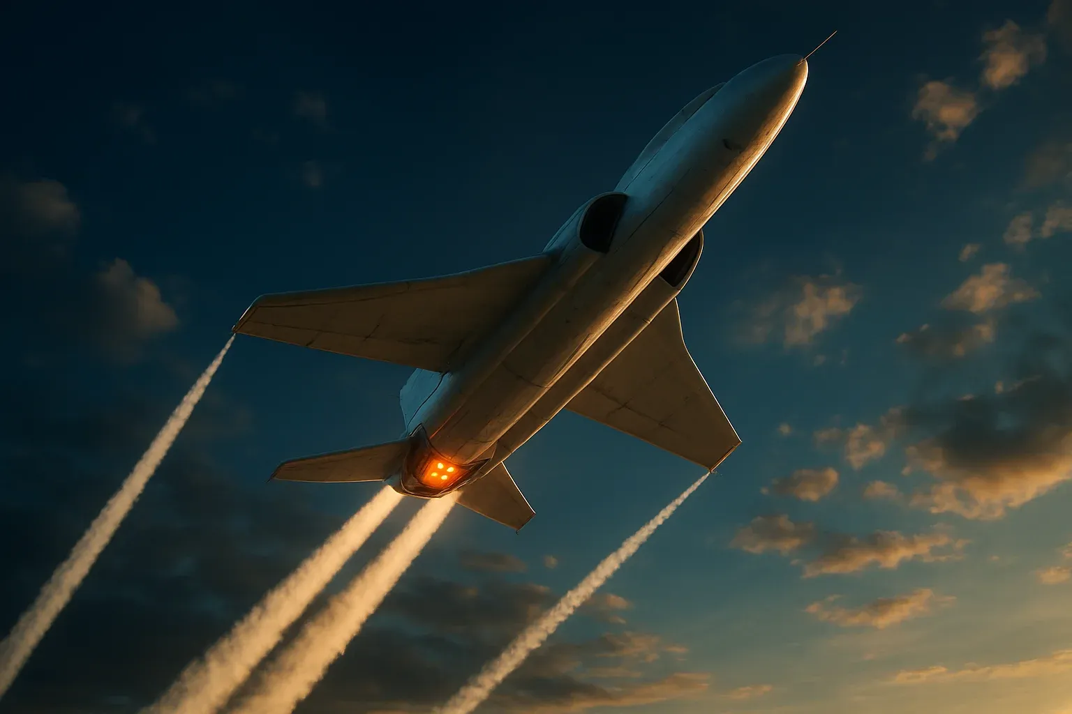 Hyperrealistic white jet aircraft climbing steeply with condensation trails in blue sky