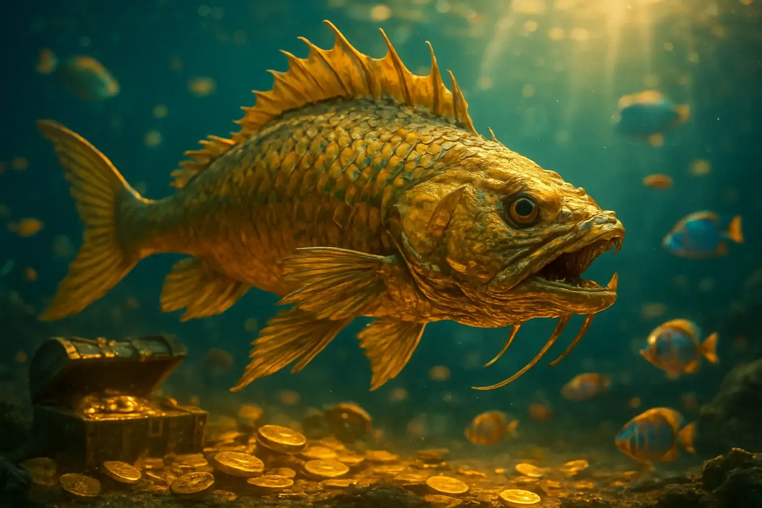 Hyperrealistic underwater golden dragon fish surrounded by glowing coins and treasure