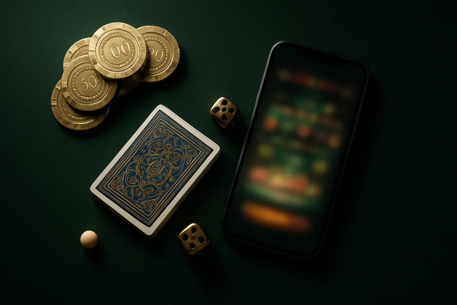 Top-down casino table with gold chips, cards, dice, roulette ball, smartphone