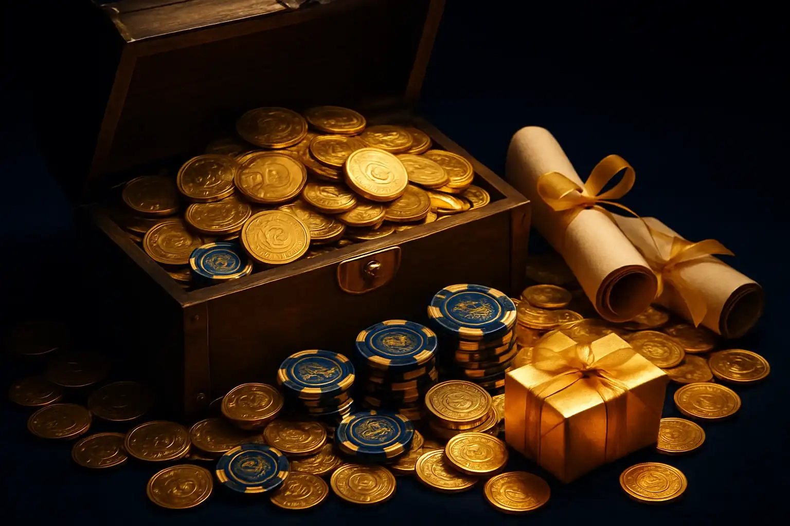 Overflowing treasure chest with gold coins, casino chips, vouchers, and gift boxes