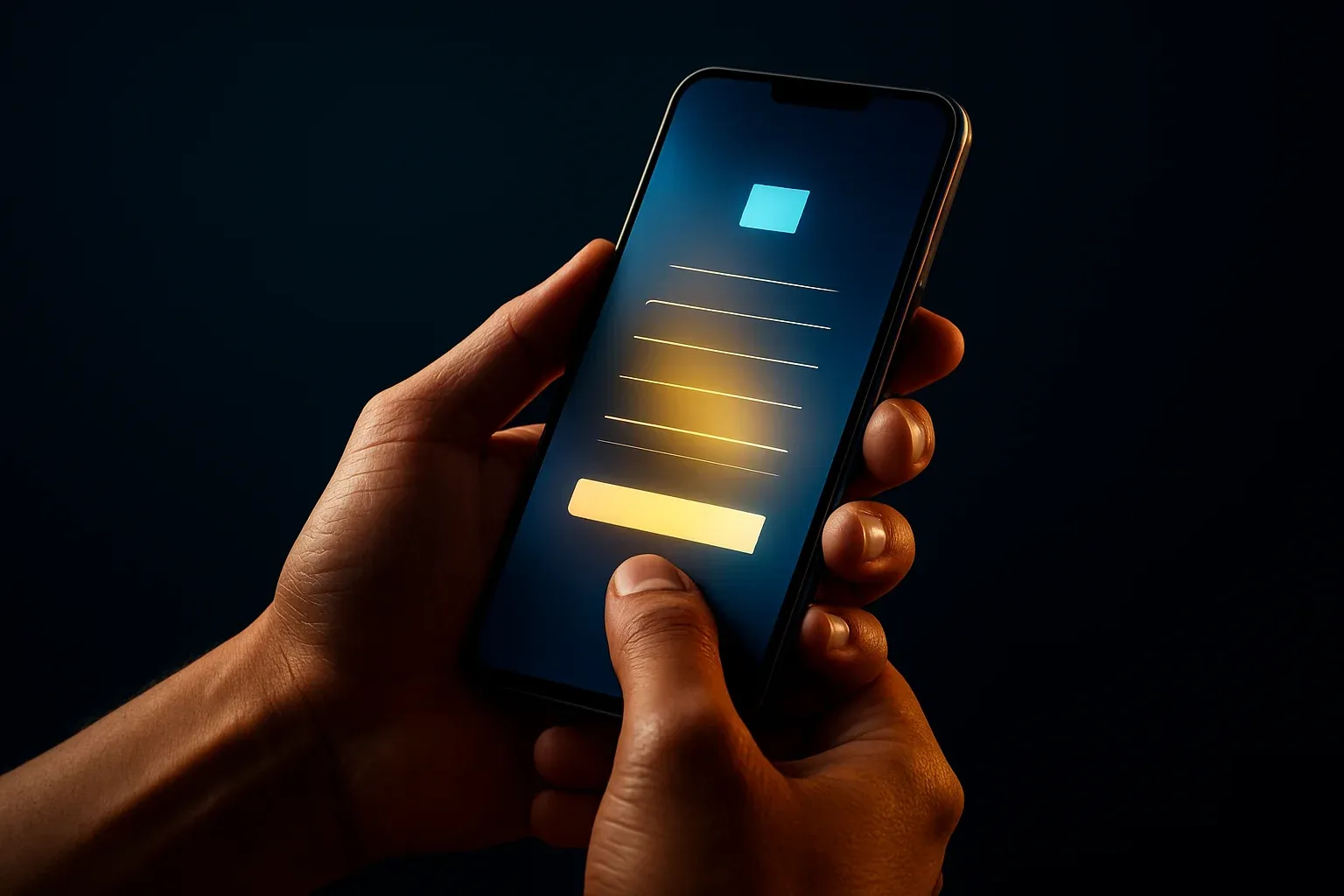 Filipino man hands holding smartphone with blurred registration form, blue gold glow