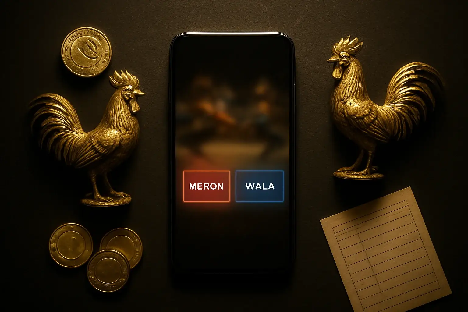 Smartphone sabong betting interface with golden roosters, peso coins, and casino chips