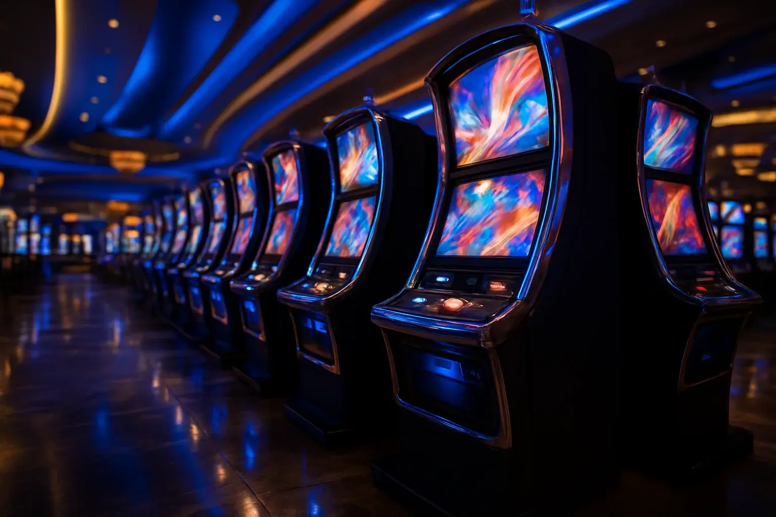 Hyperrealistic wide shot of Manila casino slots floor with blue gold lighting