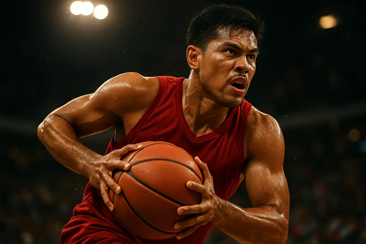 Hyperrealistic close-up of Filipino PBA player driving to basket mid-air